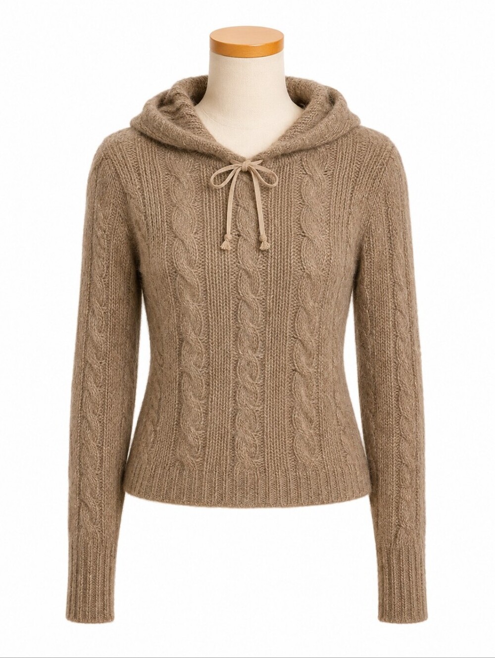 American Eagle Tan Angora Blend Pullover Cable Knit Sweater Hoodie Sz S Y2K
